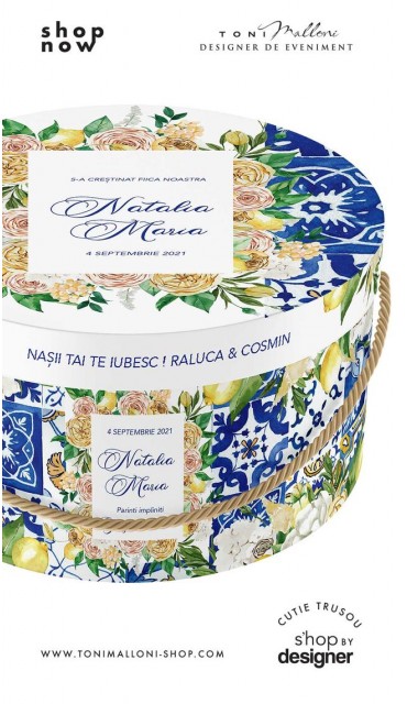 Cutie trusou botez cu lamai si flori exotice, ideala pentru un botez vara Limoncello 1